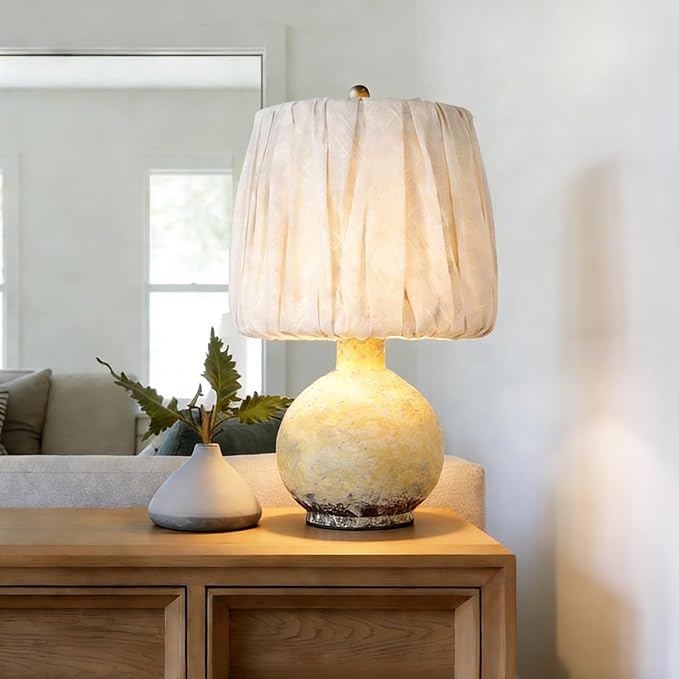 15.5" Antique Ceramic Table Lamp, Small Farmhouse Desk Lamp with Pleated Lampshade, Modern Table Lamps for Bedside Bedroom and Living Room - Side Table Lighting Lamps Replacement (White)
