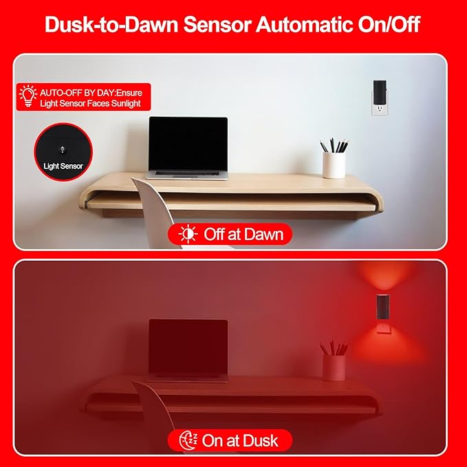 670nm Red Light Night Light for Sleep - Zero Blue Light, Adjustable Brightness & Energy Efficient Night Light Plug into Wall with Dusk-to-Dawn Sensor for Nursery, Bedroom, Bathroom[6 Pack]