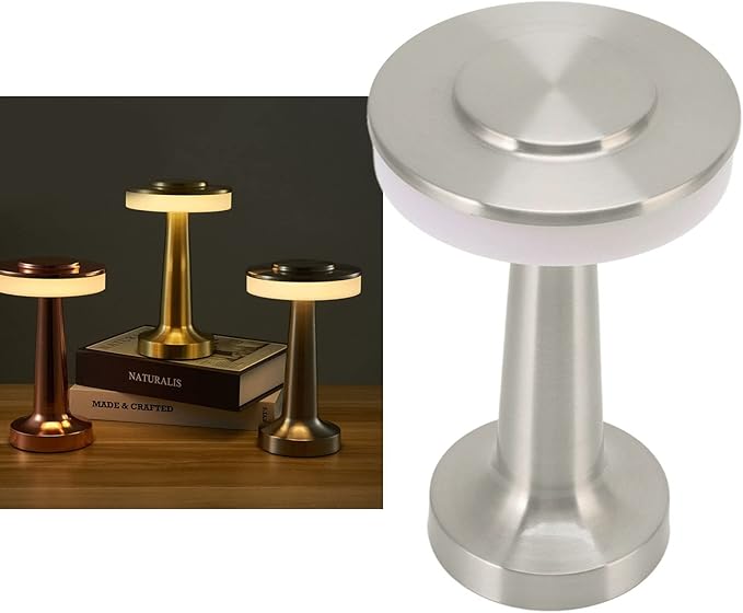 Cordless Table Lamp, Retro Style Touch Control 3 Color Adjustment Metal Paint Appearance LED Table Lamp Electroplating Wire Drawing Process Anti Oxidation Soft Light Portable Night Light(Silver)