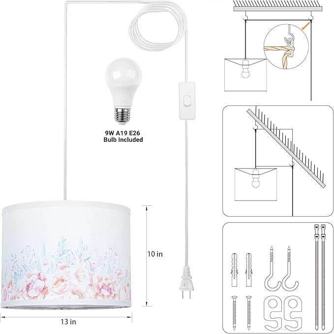 Plug in Pendant Light, Flower Planting Hanging Light with Plug in Cord, Hanging Lamp with 3-Way Dimmable Bulb, Farmhouse Pendant Light for Kitchen Dining Room Bedroom Entryway (Printing Shade)