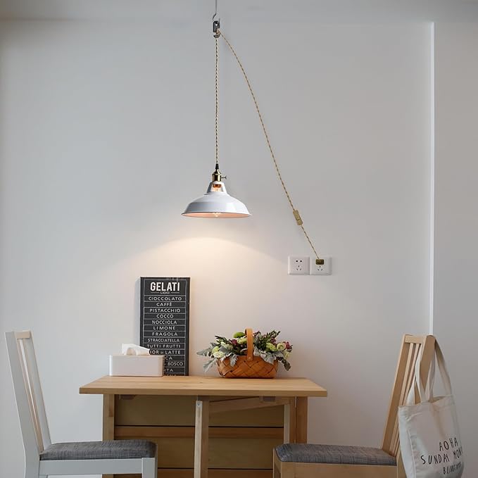 YUBOLE Industrial Swag Hanging Light with Switch Adjustable Height Pendant Lighting with White Metal Barn Shade for Kitchen Foyer Dining