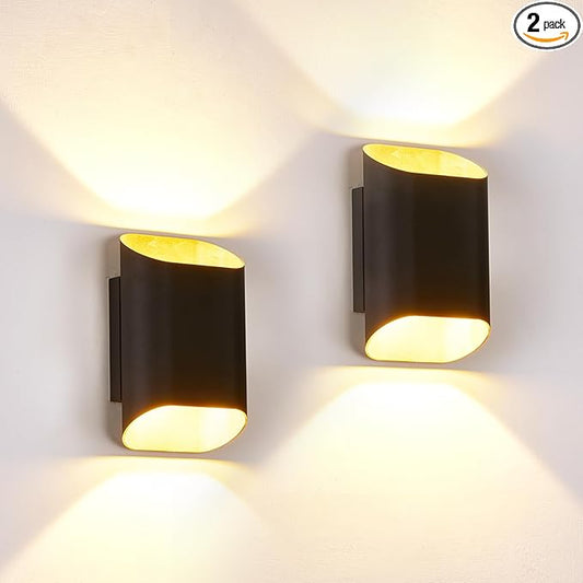 2 Pack Black & Gold Up & Down Wall Sconce Lamp 5%-100% Dimmable, Modern Indoor/Outdoor Porch Light, IP65 Waterproof, 120V, 1200LM, 12W, 2700K-5000K Selectable, CRI90+, ETL FCC Certified