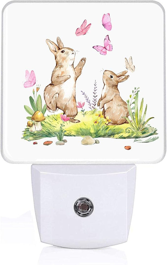 Cute Rabbits Butterfly Night Light, Plug-into Wall Happy Easter Bunny Animals Nightlight Lamp with Dusk to Dawn Sensor, Led Lamp 0.5W Energy Efficient for Boys Girls Adults Home Decor