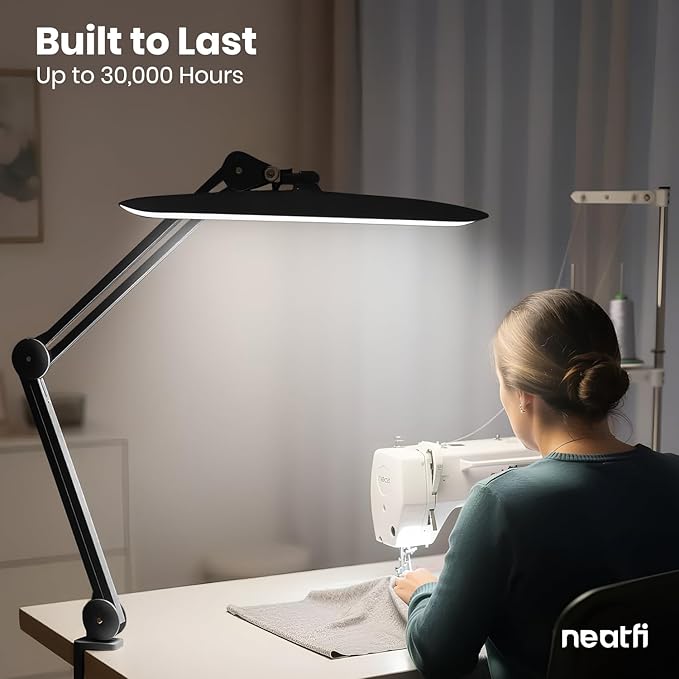 Neatfi XL LED Desk Lamp with Clamp, 2200 Lumens, 20W, 20-Inch Wide Head, Dimmable 4 Brightness Levels, 3 Color Modes 3000K–6000K, Task Light for Home Office, Crafts, Workbench (CCT, Black)