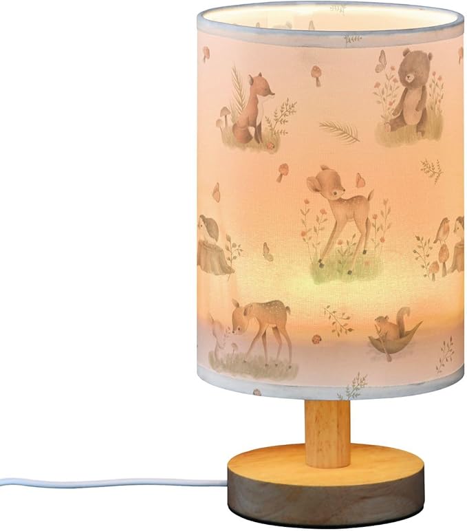 Bedside Table Lamp Woodland Animals Nightstand Lamp with Wood Forest Fox Deer Rabbit Bird Bear Mushroom Desk Lamps for Bedroom Living Room Nursery Office Home Decor