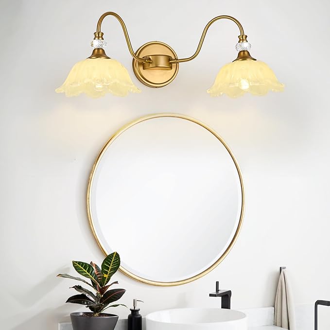 Vintage Bathroom Vanity Light, 2-Light Matte Brass Finish Vanity Light with Floral Yellow Glass Shades, Retro Wall Sconce for Bathroom, Dressing Table
