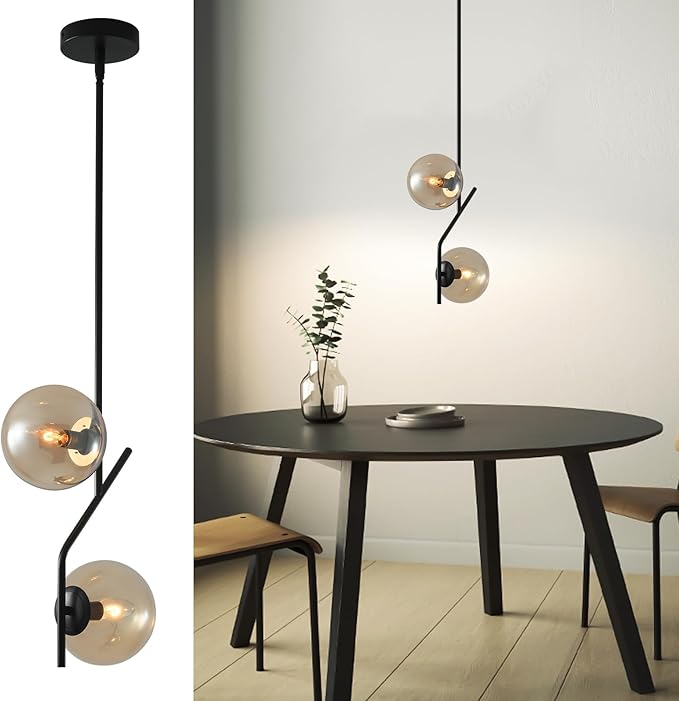 SeeU Lighting Pendant Light with Amber Glass Lampshade Mid Century Pendant Light Fixture Modern Chandelier for Kitchen Island,Bedroom,Dining Room