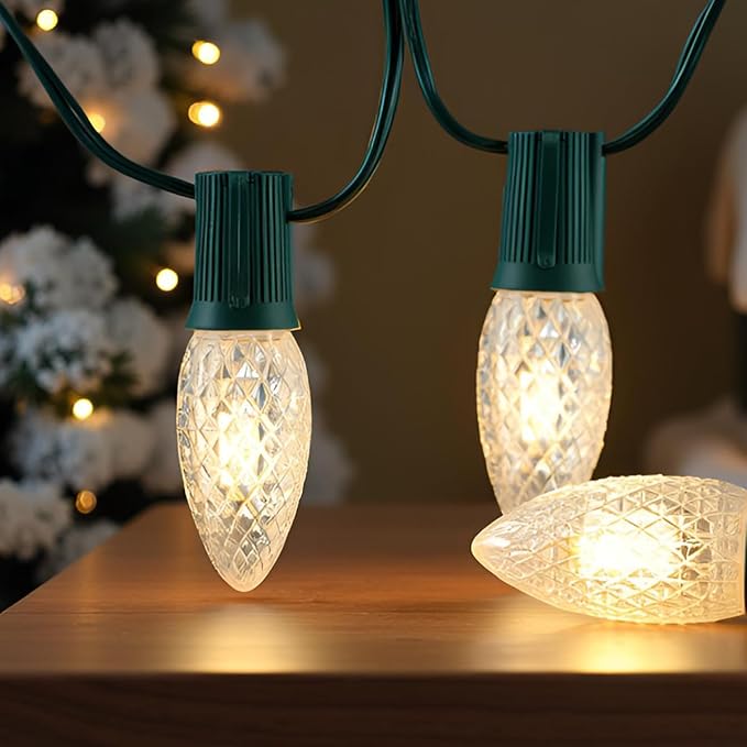 YULETIME Pack of 25 Faceted Warm White C9 Replacement Bulbs, Shatterproof LED Strawberry Bulbs for E17 Base Sockets Christmas String Lights