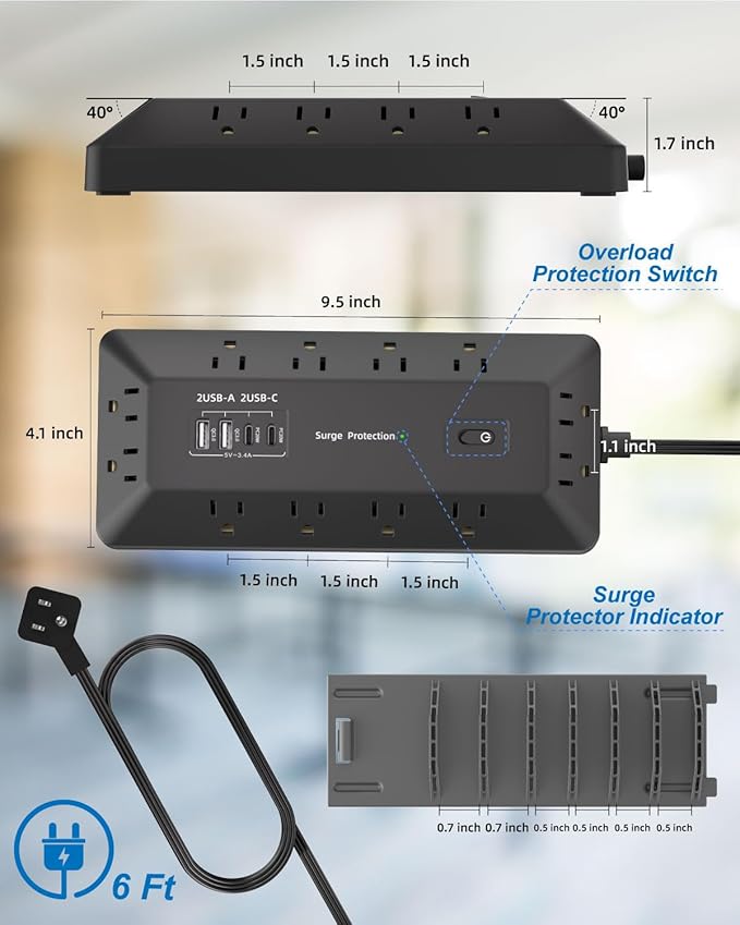 16 in 1 Surge Protector Power Strip with 4 USB (2 USB C) and 12 AC Outlets Extender, 6 Ft Flat Plug Extension Cord, Cable Management Outlets for Home Office and Dorm Rooms (Black)