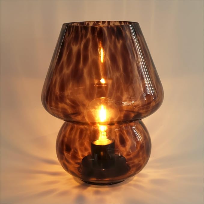 Urban Lifestyle 8" Brown Tortoise Glass Mushroom Lamp, Modern Retro Table Lamp for Bedroom, Living Room, or Office Décor,Battery Powered