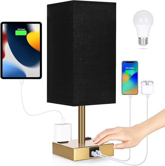 Soilsiu Bedside Lamp with USB Ports - Touch Control Table Lamp for Bedroom with USB C+A Charging Ports & AC Outlets, 3 Way Dimmable Nightstand Light for Living Room (LED Bulb Included, Brass - Black)