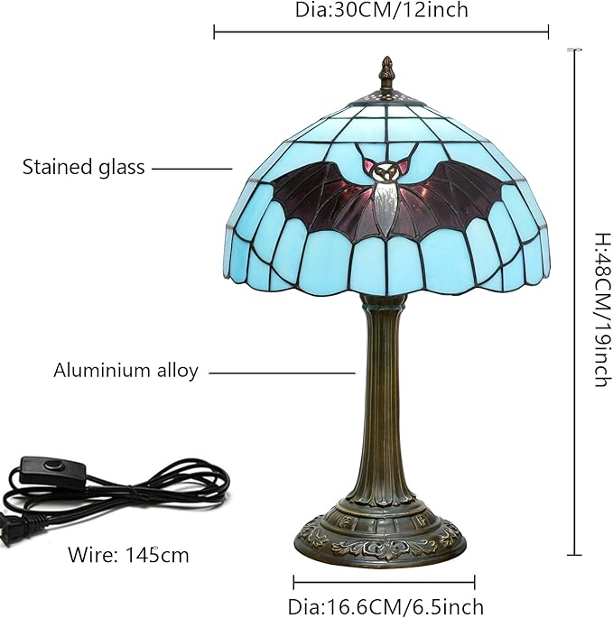 Tiffany Lamp Stained Glass Lamp 12 Inch Tiffany Style Blue Background With Black Bats Bedside Lamp Classical Art Decor Bedroom Living Room Dining Dormitory Table Vintage Home Decor The Ideal Gift