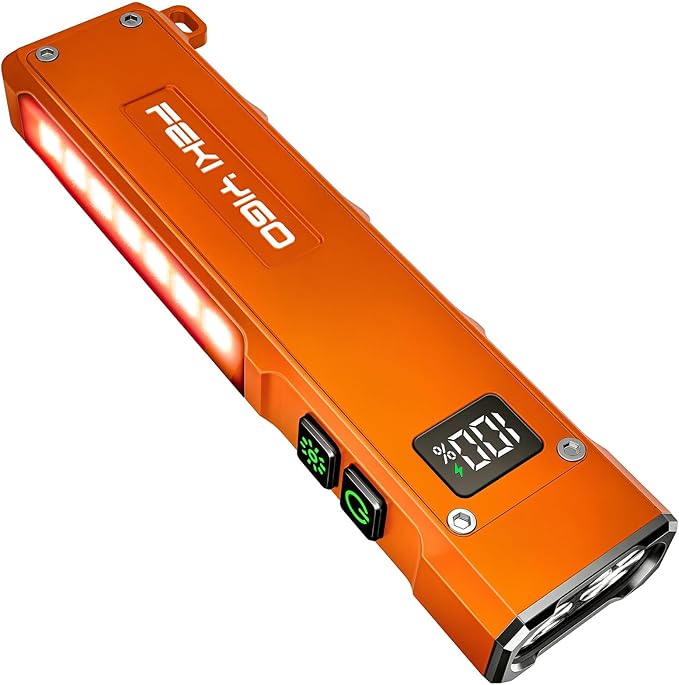 Feki Yigo Flat EDC Flashlight Rechargeable - 1800 Lumens LED Pocket Flashlight with 365nm UV Light, RGB Modes, Magnetic Base, Digital Display,IPX4 Waterproof for Camping, Emergency, Mechanics (Orange)