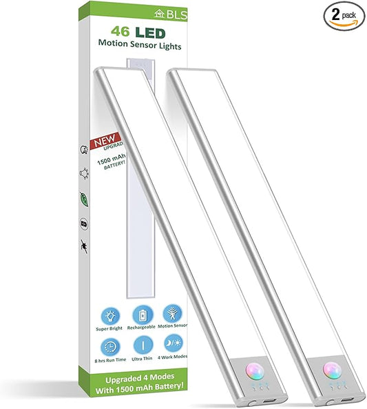 BLS Under Cabinet Lights, 46 LED lights Battery Operated Motion Sensor Light Indoor, USB C Rechargeable Closet Lights Motion Sensored, 1500mah Wireless Magnetic Light for Kitchen Night Stairs (2 Pack)