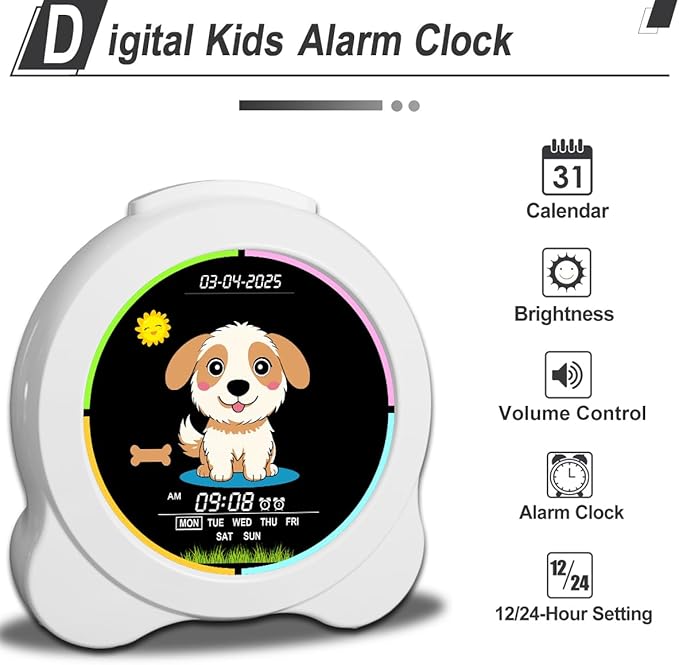 Kids Alarm Clock Sun & Moon& Dog LED Display with Day & Date OK to Wake Clock with Night Light for Kids Children's Sleep Trainer Gift for Boy and Girls