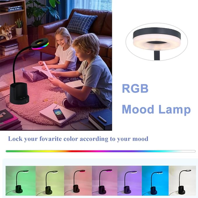 HomeFocus LED Desk Lamp, Eye-Caring Dimmable Reading Light, RGB Night Light, Student Lamp, Metal Flexible Gooseneck, Black, for Home, Office, Gift for Kids, Students, Women