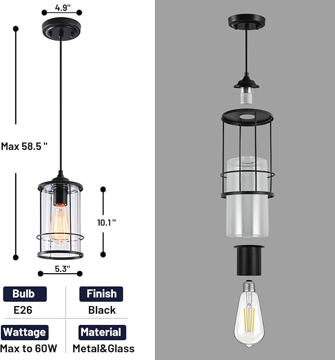 Black Pendant Light Kitchen Island Glass Pendant Light Fixture, Kitchen Hanging Lights with Clear Glass, Modern Farmhouse Cage Pendant Lights for Dining Room Hallway Bathroom