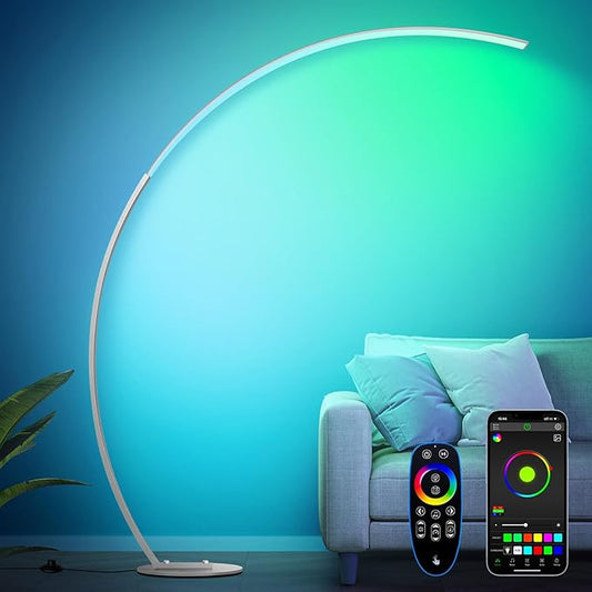 RGB Floor Lamp with 3 Color Temperatures, Ultra Bright 1800LM Smart Arc LED Floor Lamp with Remote Control, Music Sync, Scene Modes, Modern Standing Tall Lamp for Bedroom Living Room-Brushed Nickel