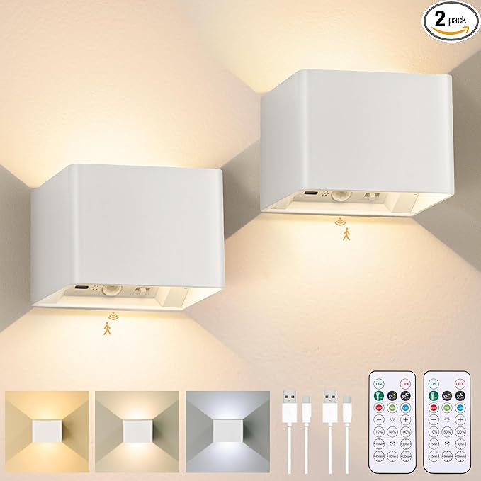 Motion Sensor Wall Light Indoor Set of 2, 6000mAh Wireless Rechargeable Battery Operated LED Wall Sconce Up & Down with Touch & Remote Control, Battery Powered Magnetic Wall Lamps with 3CCT, White