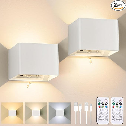 Motion Sensor Wall Light Indoor Set of 2, 6000mAh Wireless Rechargeable Battery Operated LED Wall Sconce Up & Down with Touch & Remote Control, Battery Powered Magnetic Wall Lamps with 3CCT, White