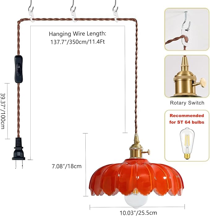Plug in Pendant Light: Hanging Light Plug in Orange Glass Hanging Lamp, Pendant Lighting for Kitchen Island, Bedroom, Dining Room, Living Room, E26 No Bulb
