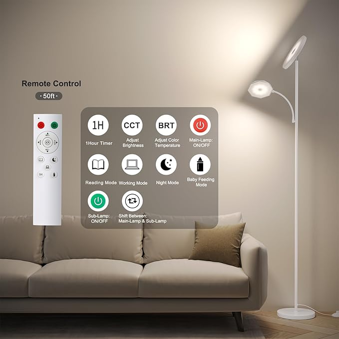 SUNMORY Floor Lamps for Living Room, 48W/4200LM Super Bright LED Floor Lamp with Remote Control, 69" Tall Standing Lamp with Stepless Dimmable, Modern Torchiere Reading Lamp for Bedroom, Office White