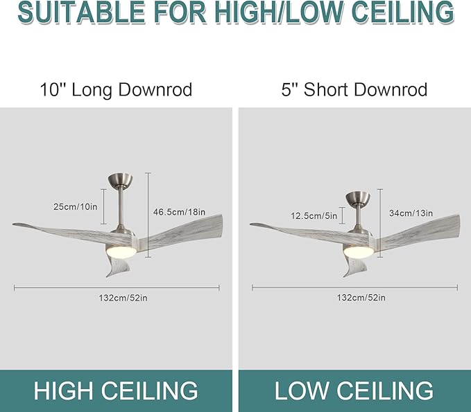 52 inch Ceiling Fans with Lights Remote Control,3 Wood Blades Outdoor Ceiling Fan, Dimmable LED Reversible DC Motor,Silver