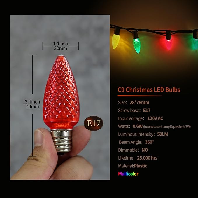 25 Pack C9 Led Christmas Lights Bulb, C9 Replacement LED Christmas Lights Outdoor Bulb, C9 Shatterproof Led Bulb for Christmas String Lights, E17 Base, Commercial Grade Multicolor Bulbs