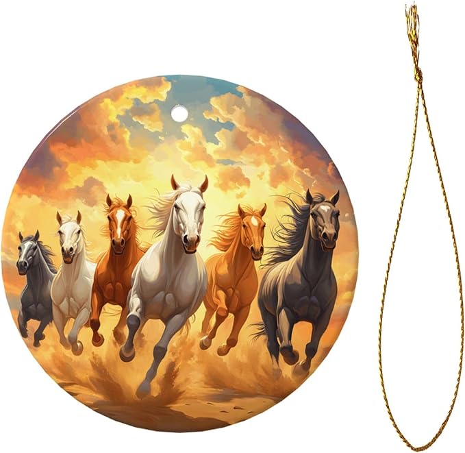 Cartoon Horse Running Christmas Ornaments, Christmas Decorations Xmas Tree Hanging Ornaments, Round Ceramic Festive Keepsake Gift for Xmas Decorations Holiday Home Decor