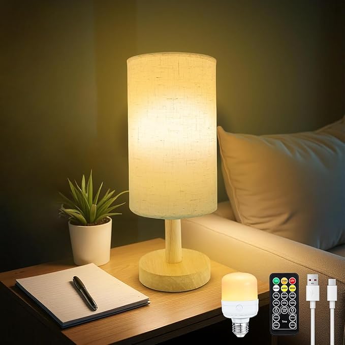 Remote Control Bedside Table Lamp with Wireless Charger & USB A/C Ports, 3 Color Dimmable Nightstand Lamp for Bedroom, Living Room, Office