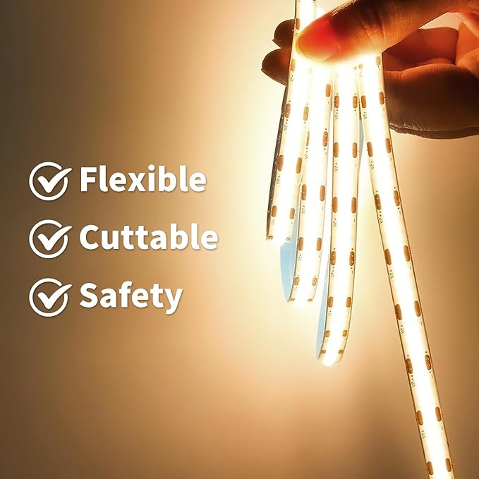 6.56FT/2M COB LED Strip Light, Warm White 3000K USB LED Tape Lights, 640LEDs CRI93+Flexible Dimmable Light Strip for TV Backlight, Cabinet Lighting, Mirror, Bedroom Decor