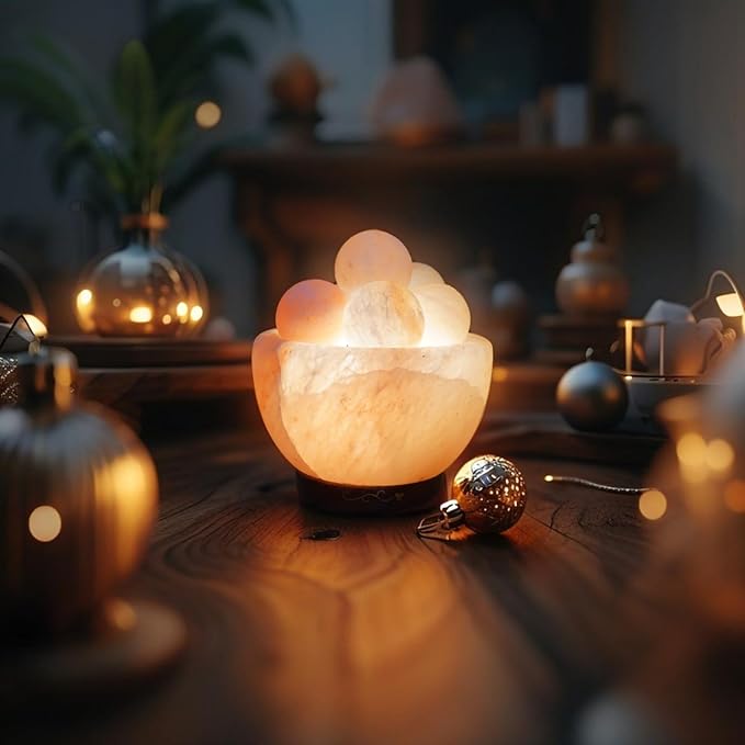 NB Himalayan Pink Salt Lamp Bowl with Salt Balls – Hand-Carved Crystal Rock Salt Lamp with Dimmer Switch & 2 Bulbs – Authentic from Pakistan – Soothing Amber Glow for Home & Office Décor