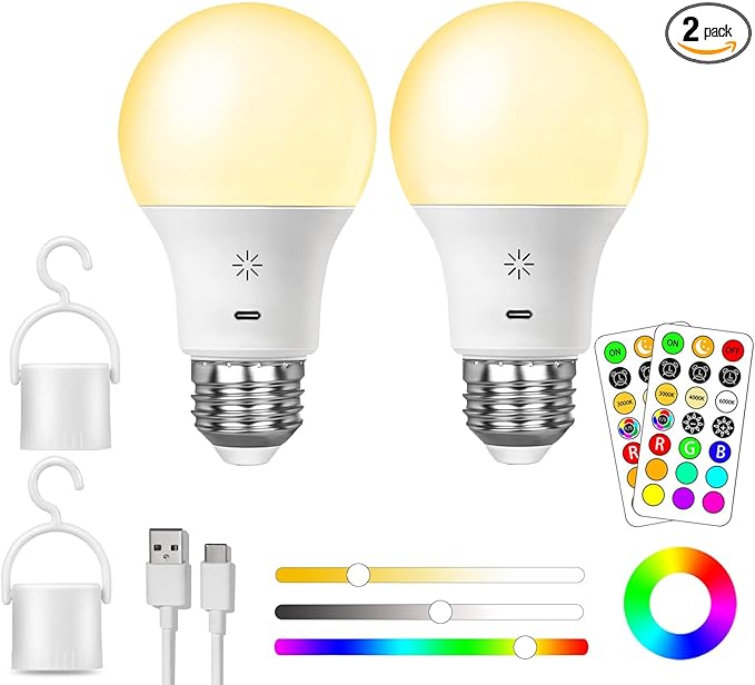 LED Rechargeable Light Bulbs With Remote ＆ Touch Dimmable, E26 Battery Operated Light Bulb for Lamps, RGB 12 Colors, 2600mAh USB battery backup Light Bulb With Timer, A19 Small Light Bulbs 2 Pack