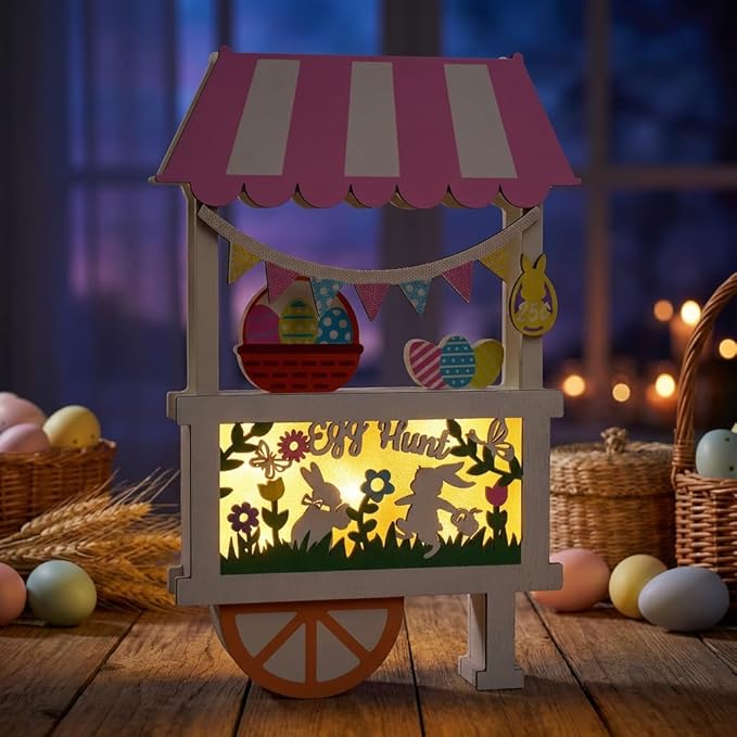 Valery Madelyn Easter Decorations, Easter Decor with LED Light, Lighted Egg Hunt Booth Decor for Table, Wooden Bunny Decorations for Home Decor Shelf Tiered Tray Living Room, 10.3 inch