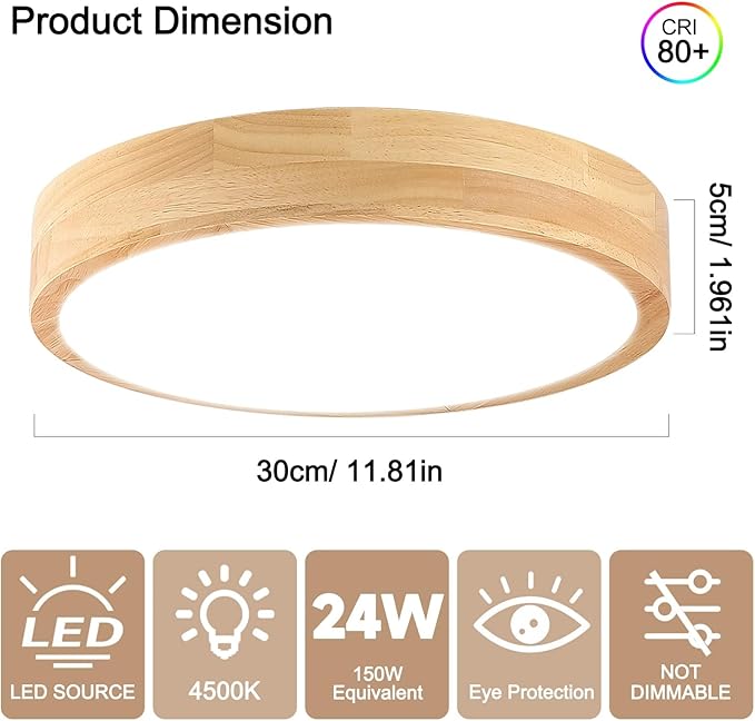 Led Ceiling Light Flush Mount: 12 Inch 24W Wood Bedroom Light Fixture with Round Modern Flat Overhead Minimalist Ceiling Lamps for Kitchen Hallway Laundry Natural White 4500K, Not Dimmable
