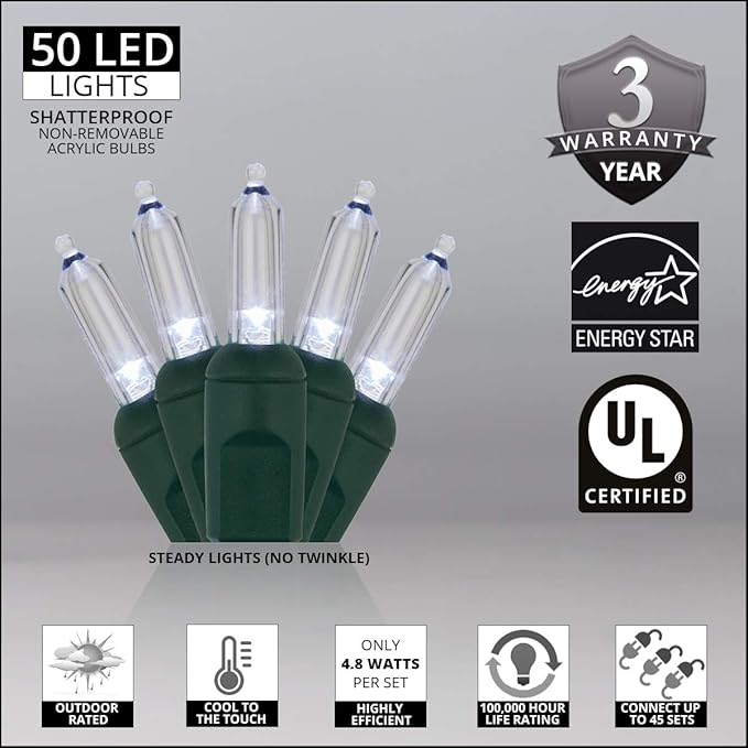 Wintergreen Lighting 50 T5 LED Cool White Mini Christmas Light Set, 4 Spacing, 17', Christmas Tree Lights White (Cool White, 17 Ft)
