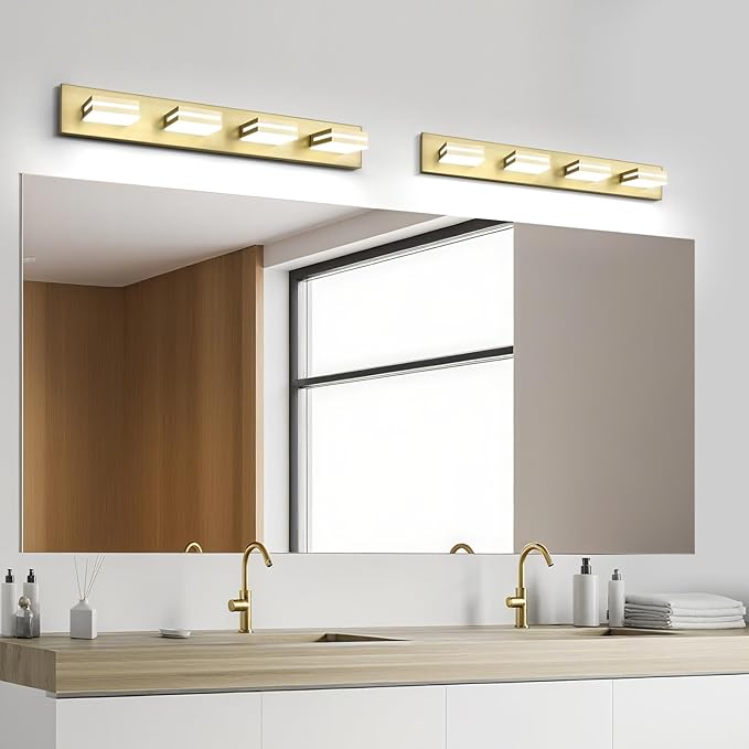 OKELI 5 Lights Bathroom Vanity Light Fixtures Gold LED Dimmable Vanity Light Over Mirror Modern Wall Mounted Lighting Fixture, 350° Rotatable Lamp Head 24W Cold White 6000K ETL Listed