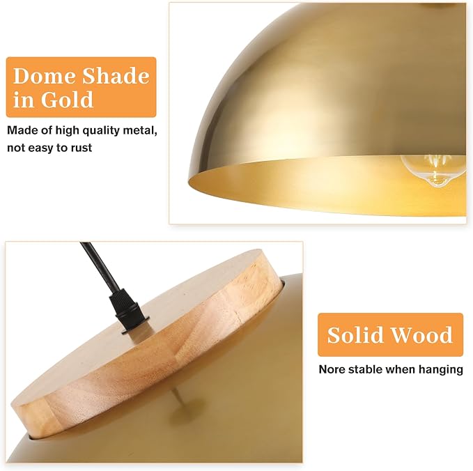 Large Pendant Lights, Gold Pendant Lights for Kitchen Island, Farmhouse Pendant Light Fixtures with Wooden Holder, 16" Adjustable Lighting Fixtures for Dining Room, Living Room, Entryway, 2 Pack