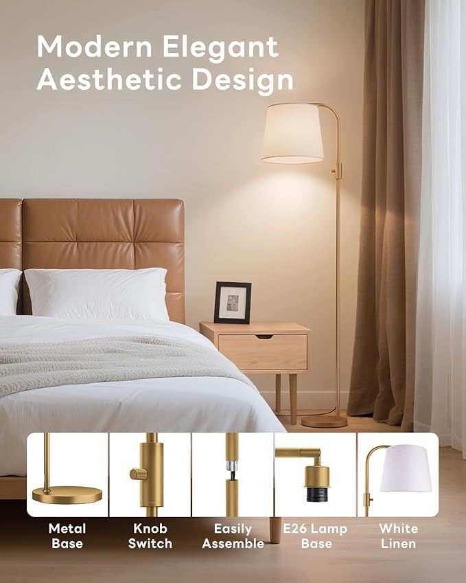 Dimmable Arc Floor Lamp, 1200 Lumens RGBCW Color Change Bulb Included, Standing Lamp with Linen Shade, 65" Tall Lamp with Remote for Living Room, Bedroom, Office, Dining Room, Kitchen, Gold
