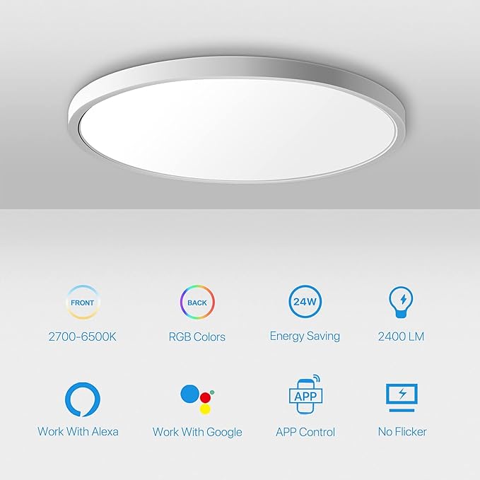 MELEGAN Smart Led Ceiling Light Flush Mount, 12 Inch 24W Ceiling Light Fixture Dimmable 2700K-6500K, RGB Ambient Light Fixture WiFi Compatible with Alexa Google Home for Bedroom Living Room