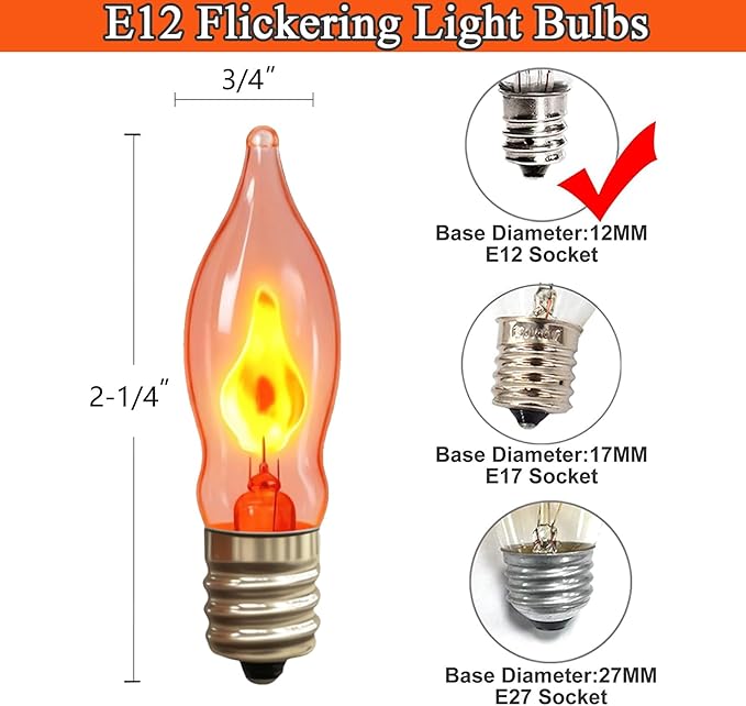 C18 Flickering Flame Light Bulbs, 1W C7 E12 Incandescent (12 Pack), UL Listed 2200K Orange — Candelabra Flicker Bulbs for Halloween Night Lights, Window Candles, Chandeliers, C7 Replacement