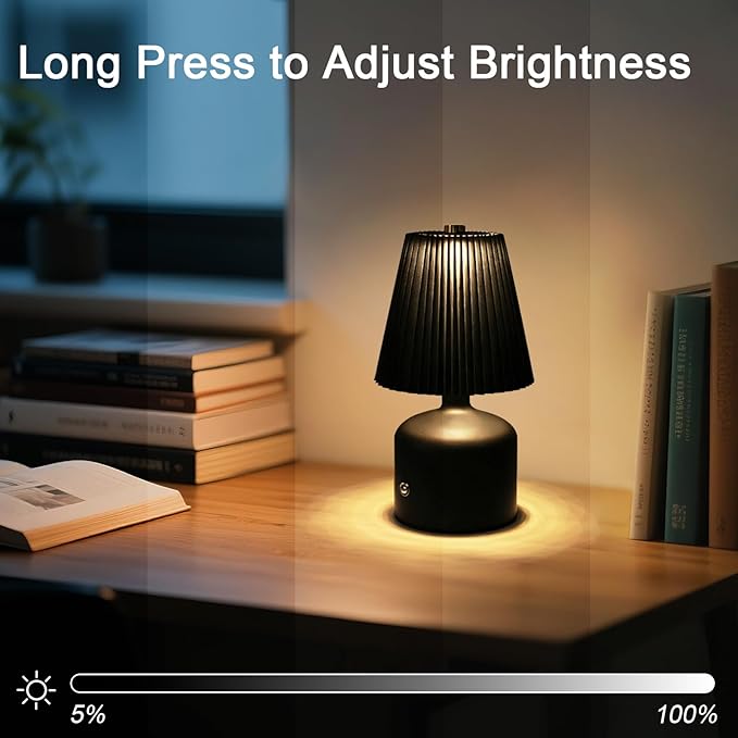 Small Cordless Table Lamp Rechargeable Desk Lamp, 3 Color Stepless Dimming, Metal Base Pleated Table Lamp for Bedside, Bedroom, Dining Room, Living Room (Black)