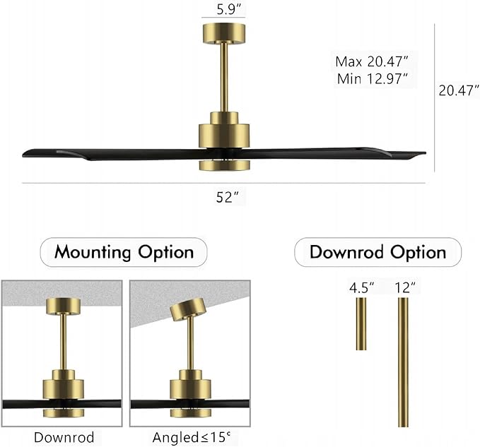 ELEHINSER 52" Modern Ceiling Fan with Light and Remote Control, 5 Solid Wood Blades 6-Speed Noiseless Reversible DC Motor, Ceiling Fan for Bedroom Dinning Living Room, Gold Finish with Black Blades