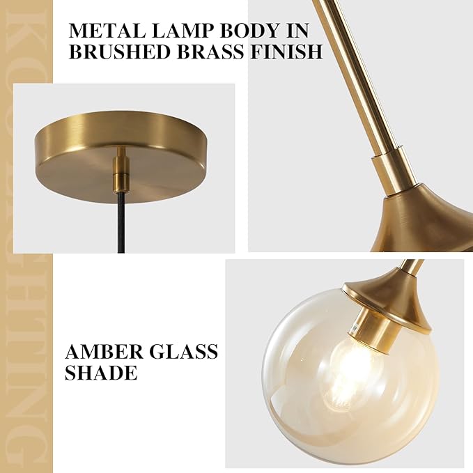 KCO Lighting Mid Century Modern Pendant Chandelier Amber Glass Hanging Lamp Gold Globe Pendant Lights Kitchen Island Brushed Brass Pendant Light Large Kitchen Pendant Lighting Over Island