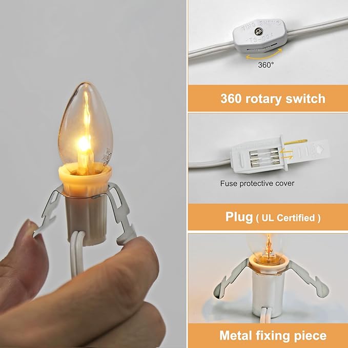 Set of 2 Accessory Cord with 2 C7 Led Light Bulb 6Ft Light IndoorString Lights, Candelabra-Base E12 Socket C7 Lamp for Halloween and Christmas Decorations, Craft Village House Decoration