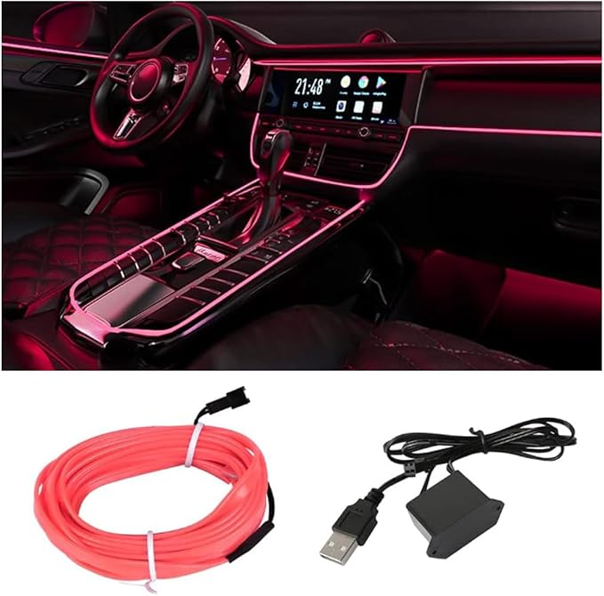 EL Wire Interior Car LED Strip Lights, USB Car Neon Light Strip with Sewing Edge, 16FT Neon Light 5V with Fuse Protection, Electroluminescent Car Indoor Decorations (Pink)