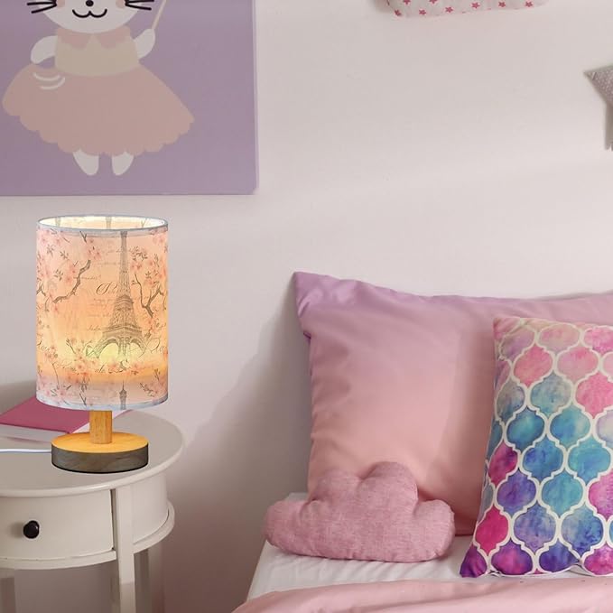 Eiffel Tower Floral Pink and White Table Lamp for Bedroom USB Port Lamps Small Accent Table Lamp Nightstand Lamp Study Linen Shade with Wooden Base, Decorative Lamps for Bedside Reading|Kids|Dorm|Home