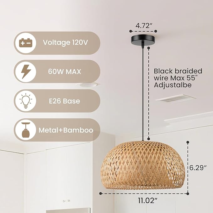 Bamboo Pendant Light, 11.02 inch One-Light Boho Basket Handmade Woven Pendant Lighting, Boho Bamboo Chandelier for Bedroom, Kitchen, Living Room