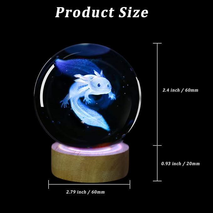3D Axolotl Crystal Ball Night Light with 16 Color LED Wooden Base, Premium 2.4 Inch Axolotl Glass Ball Lamps with Remote for Birthday Holiday, Cool Axolotl Toy Decor Gifts for Boys Girls Kids
