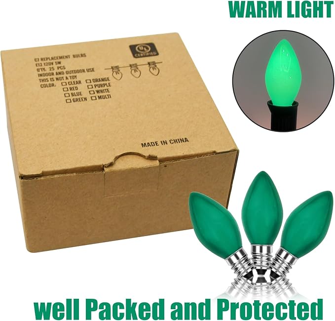 25 Pack C7 Green Christmas Replacement Light Bulbs, C7 Vintage Multicolor Ceramic Bulbs for Christmas Outdoor Indoor String Lights, E12 Candelabra Base-Green